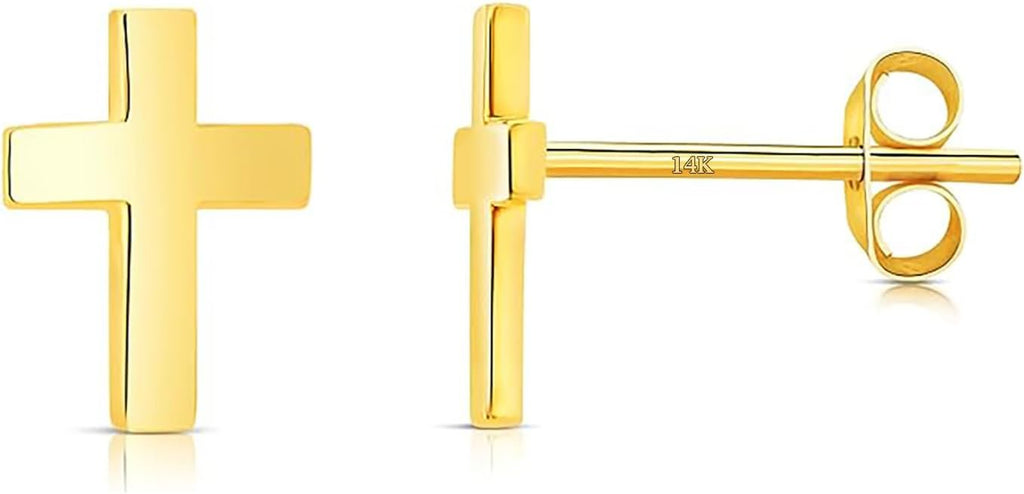 14k Solid Gold Small Polished Flat Plain Mini Cross Stud Earrings