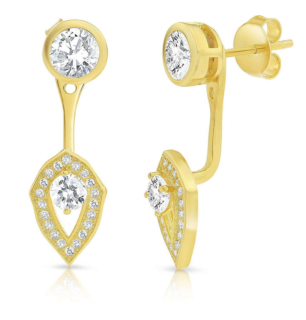 Sterling Silver Yellow-Tone Cubic Zirconia Front and Back Ear Jacket and Stud Earrings
