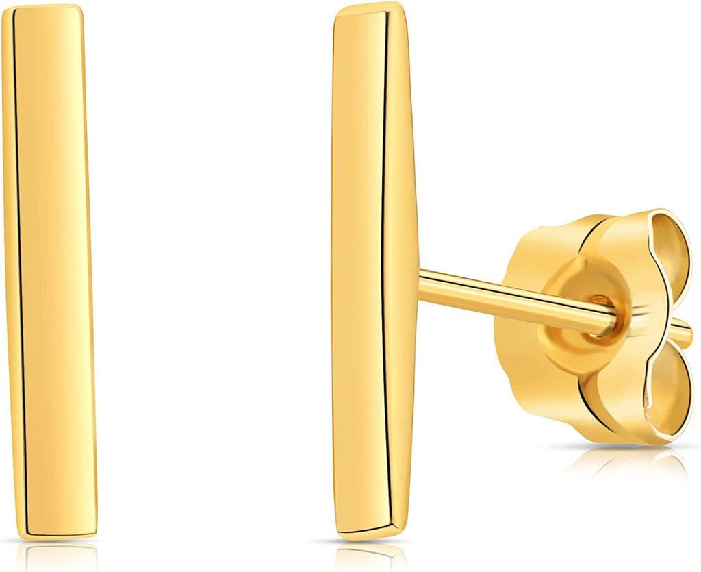 14k Thin Solid Yellow Gold Polished Bar Dainty Stud Earrings for Women