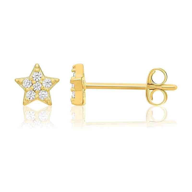 Solid 14K Yellow Gold Star Studs Tiny Trendy Dainty Earrings With Cubic Zirconia for Women and Girls