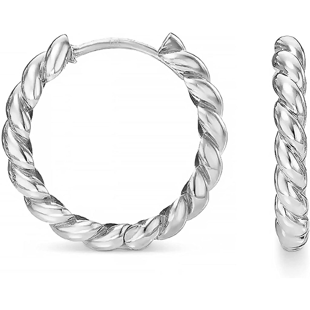 Solid 14k Gold Twisted Rope Round Huggie Hoop Earrings, White Gold