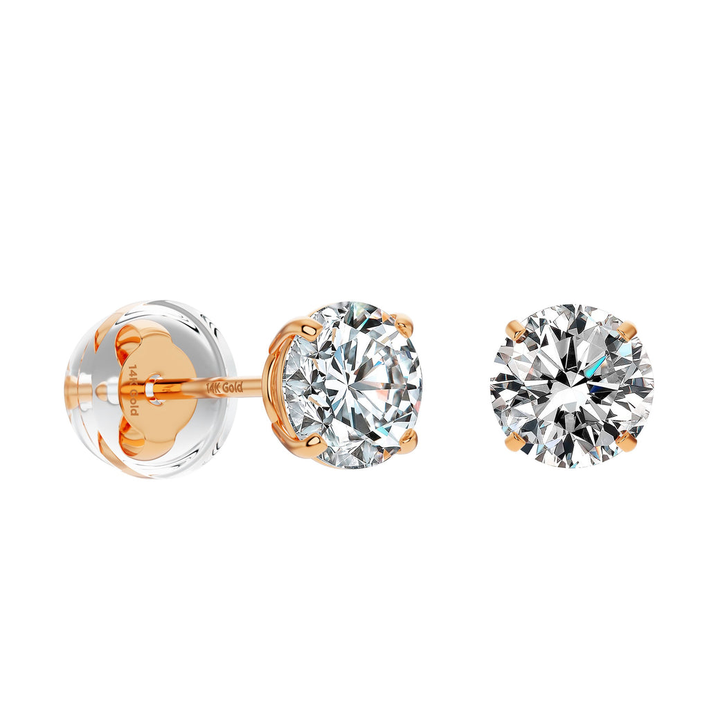 Real Solid 14k Rose Gold Solitaire Round Cubic Zirconia CZ Stud Earrings