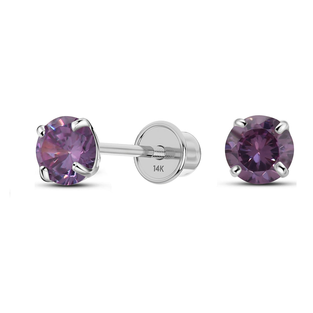 Solid 14K White Gold Round Solitaire Simulated-Amethyst-Birthstone Minimalist Stud Earring with Comfort Screw Backing February