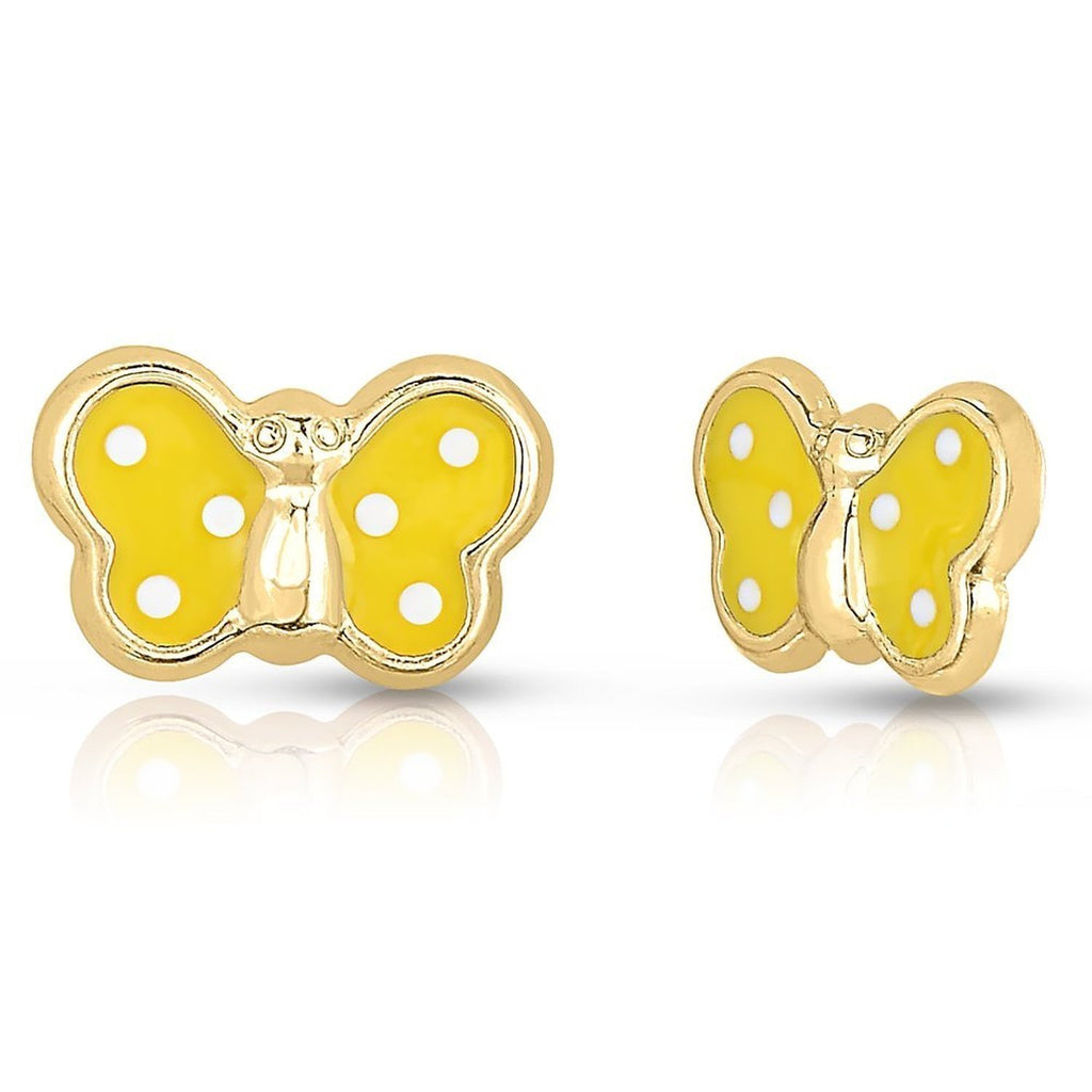 14k Yellow Gold Butterfly Stud Earrings with Yellow and White Polka Dot Enamel