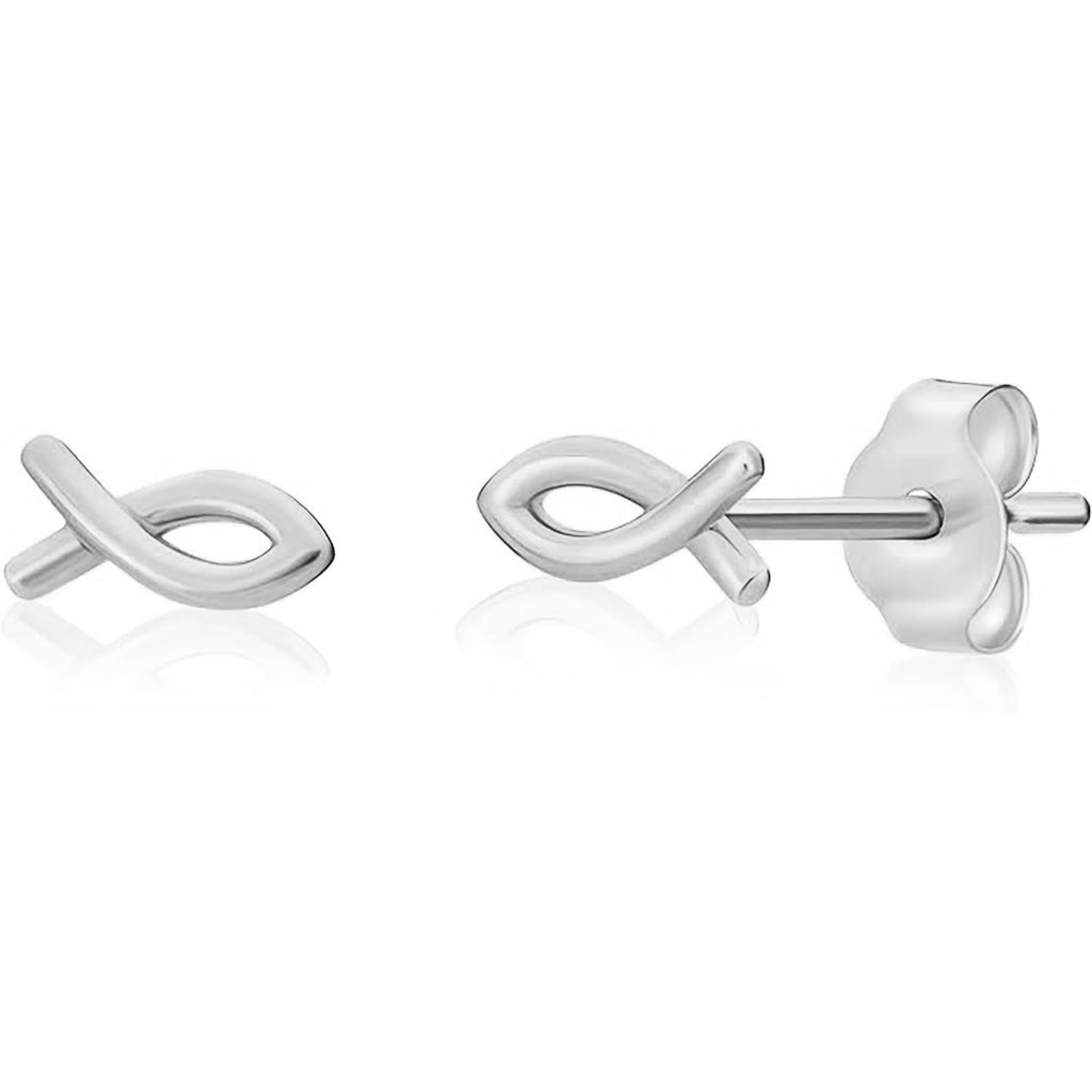 Solid 14k White Gold Tiny Fish Stud Earring for Multiple Piercings, Pisces