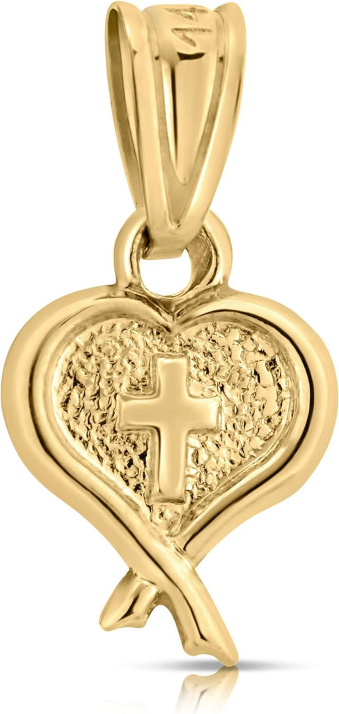 Art and Molly Real 14K Yellow Gold Detailed Heart with Cross Pendant
