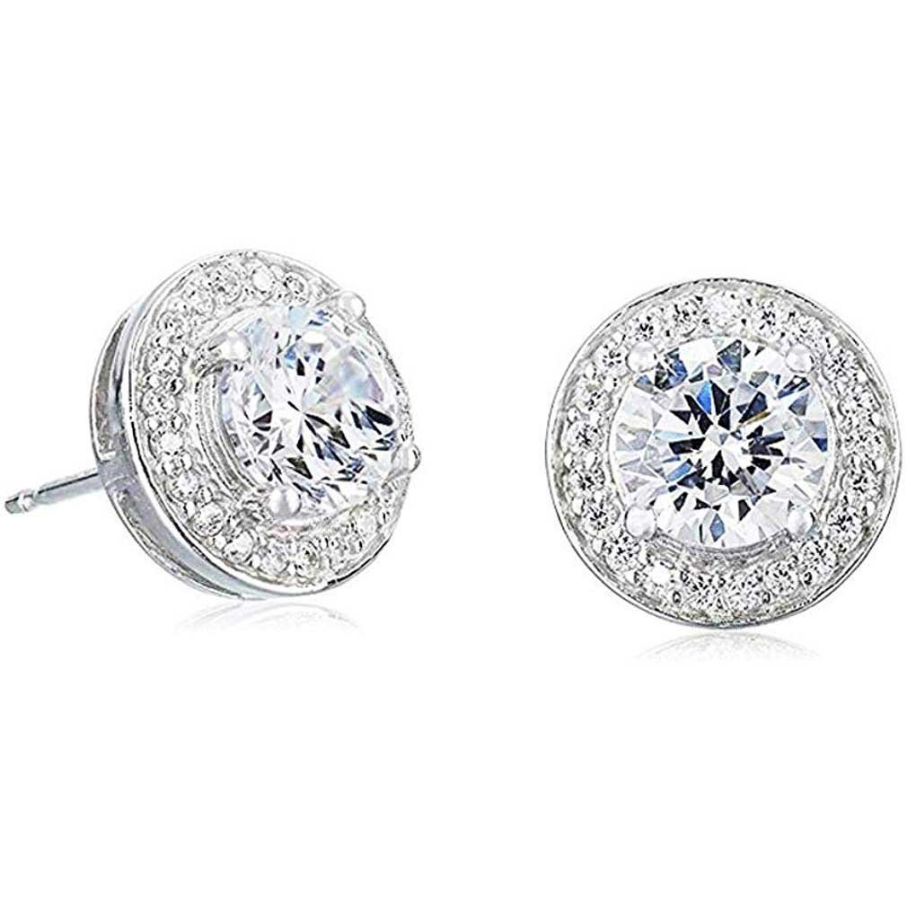 Sterling Silver Cubic Zirconia Round CZ Halo Stud Earrings