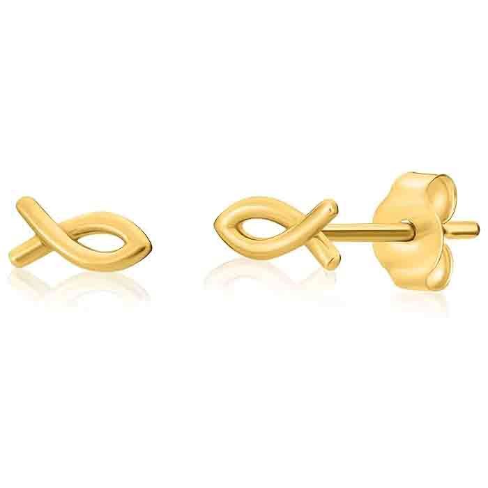 Solid 14k Gold Tiny Minimalist Fish Stud Earring for Multiple Piercings, Religious Christian Symbol, Pisces Zodiac Sign