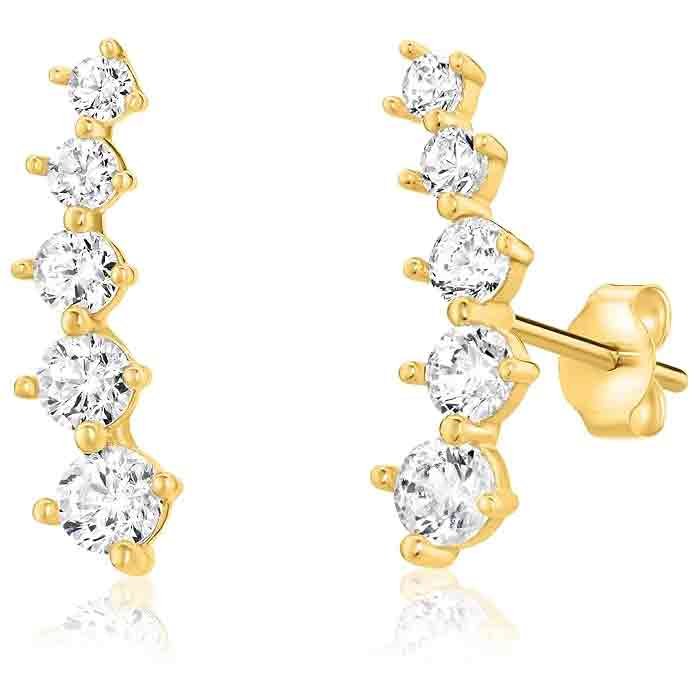 Solid 14k Yellow Gold Graduated Crawler Curved Bar Climber Five Stone Stud Earrings