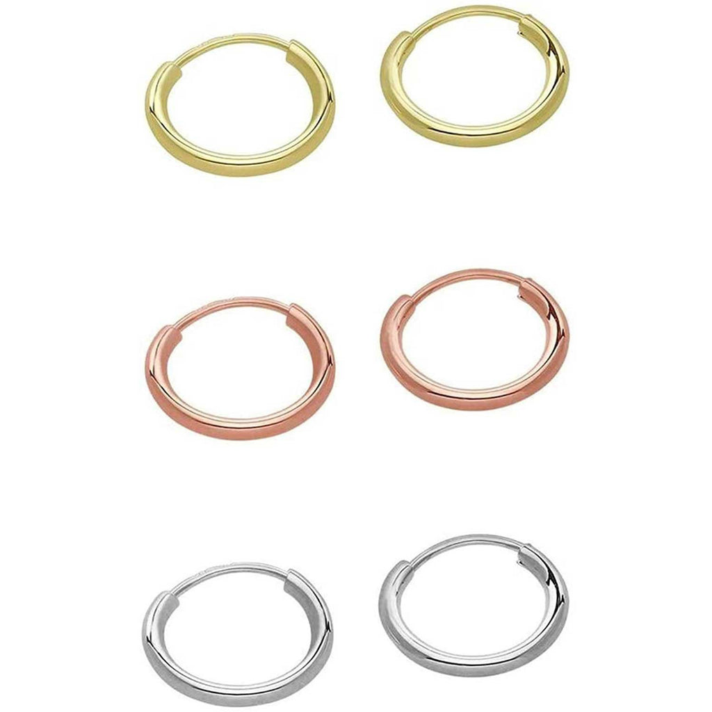 3 Pair Set 14k Gold Endless Hoop Earrings, 10mm Tri-Color-Gold Includes 1 pair of White gold, 1 Pair of Yellow Gold and 1 Pair of Rose Gold