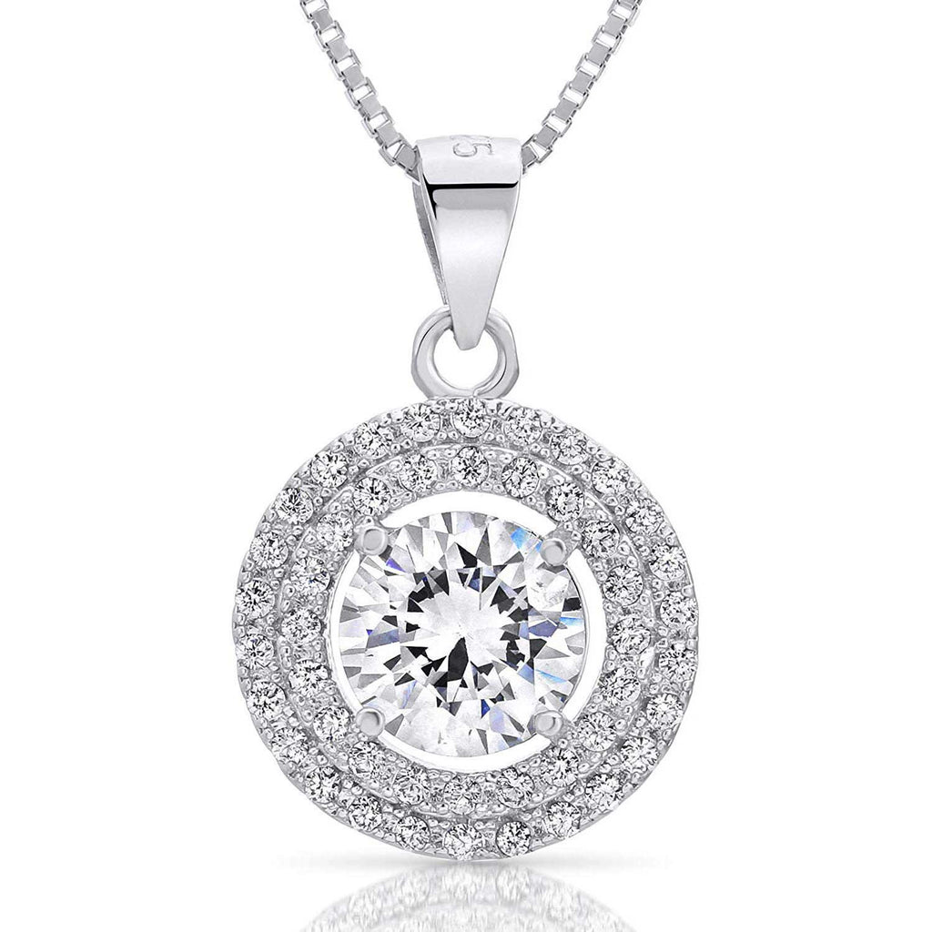Art and Molly Sterling Silver Cubic Zirconia Round CZ Double Halo Pendant Necklace, 18"
