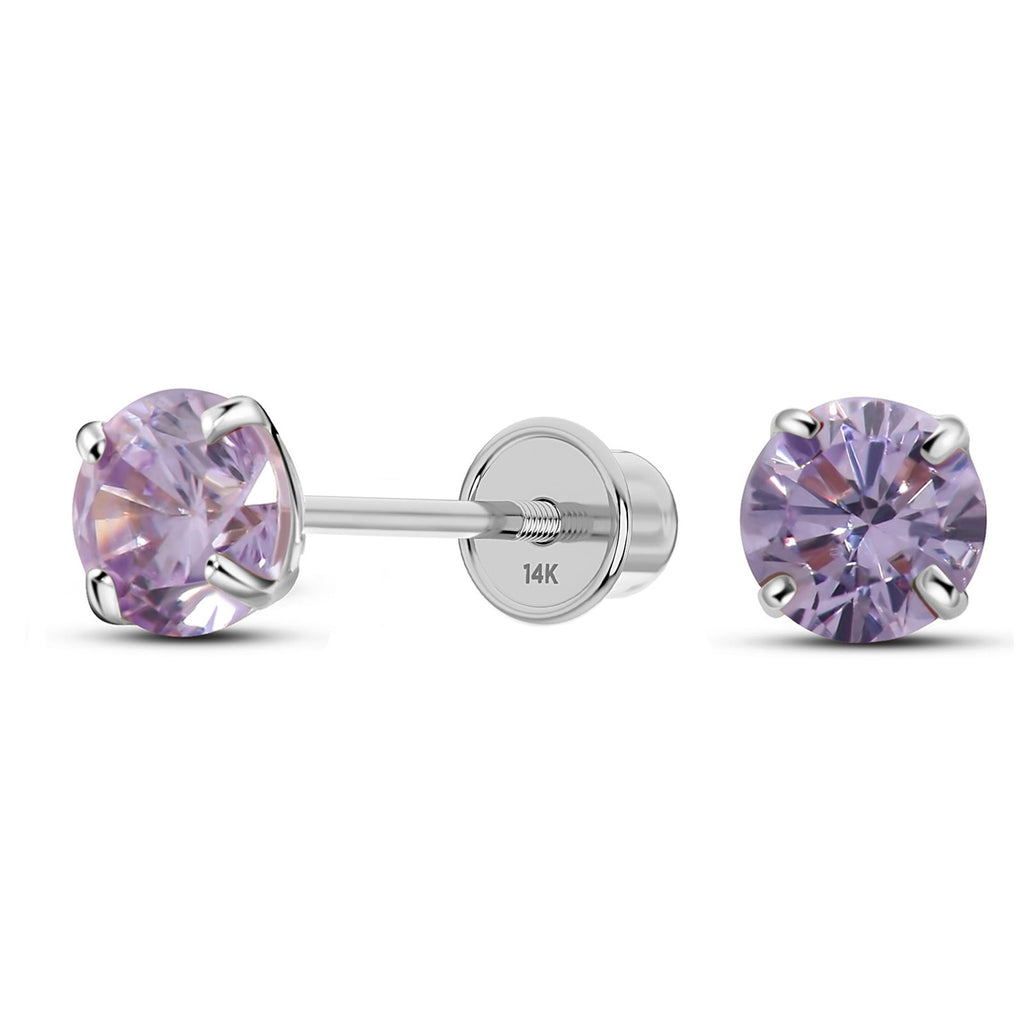 Solid 14K White Gold Round Solitaire Simulated-Alexandrite-Birthstone Minimalist Stud Earring with Comfort Screw Backing June