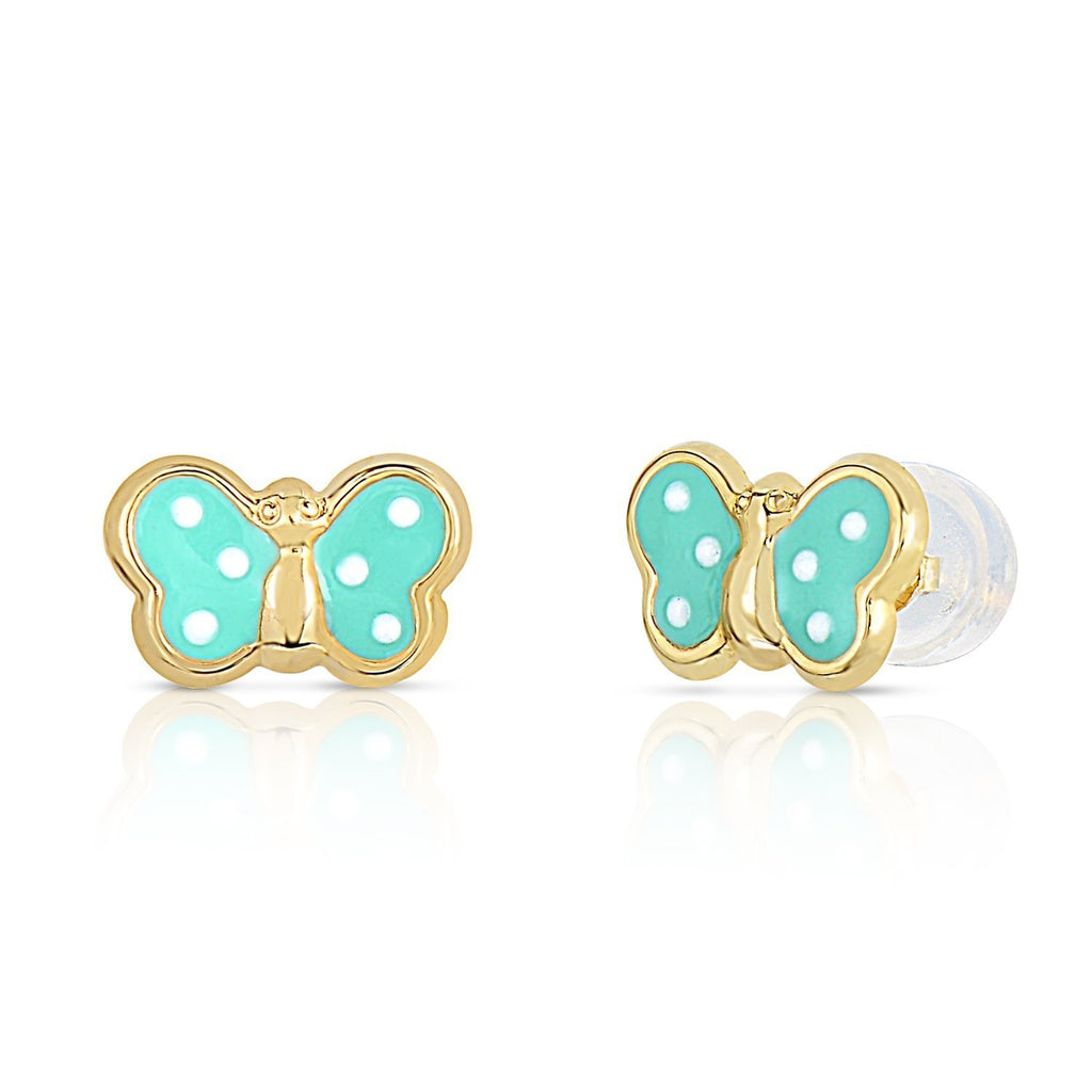 14k Yellow Gold Green Enamel Butterfly Stud Earrings with Secure and Comfortable Silicone Backs