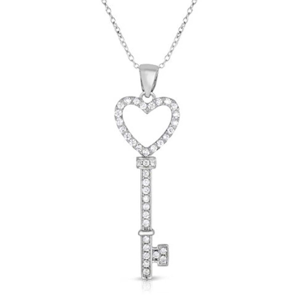 Sterling Silver Cubic Zirconia Open Heart Key Pendant Necklace, 18"