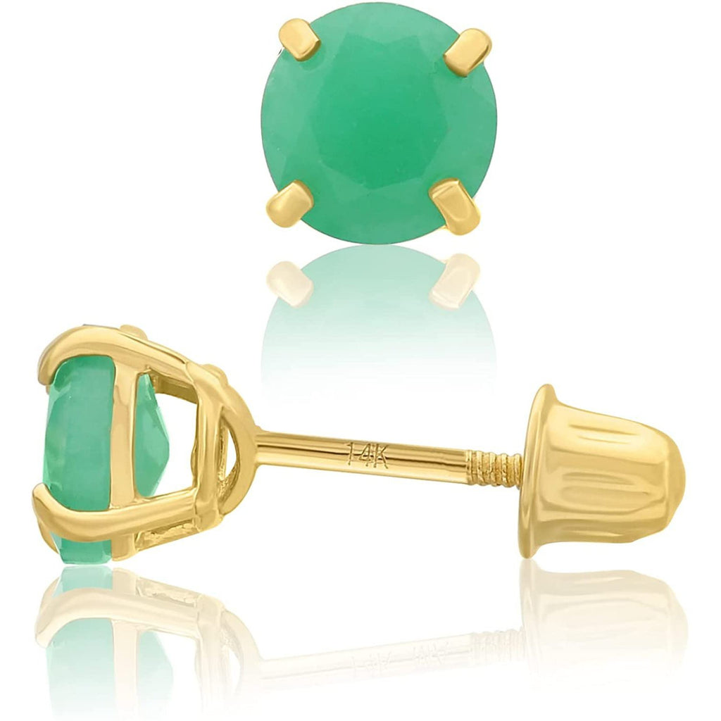14k Yellow Gold 5mm Emerald Round-Cut Solitaire Stud Earrings Screw-back May Birthstone Earrings