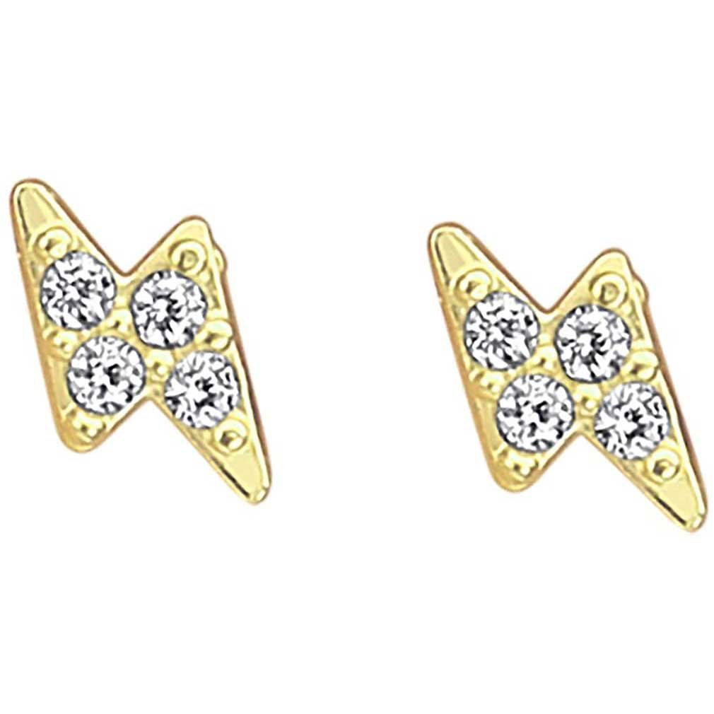 14K Yellow Gold Lightning Bolt Flash Stud Tiny Small Dainty Earrings with Cubic Zirconia