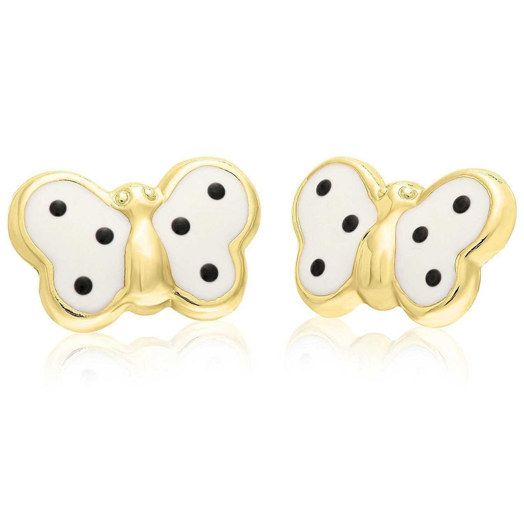 14k Yellow Gold Tiny Butterfly Stud Earring with White Enamel in Secure Safety Screw-backs