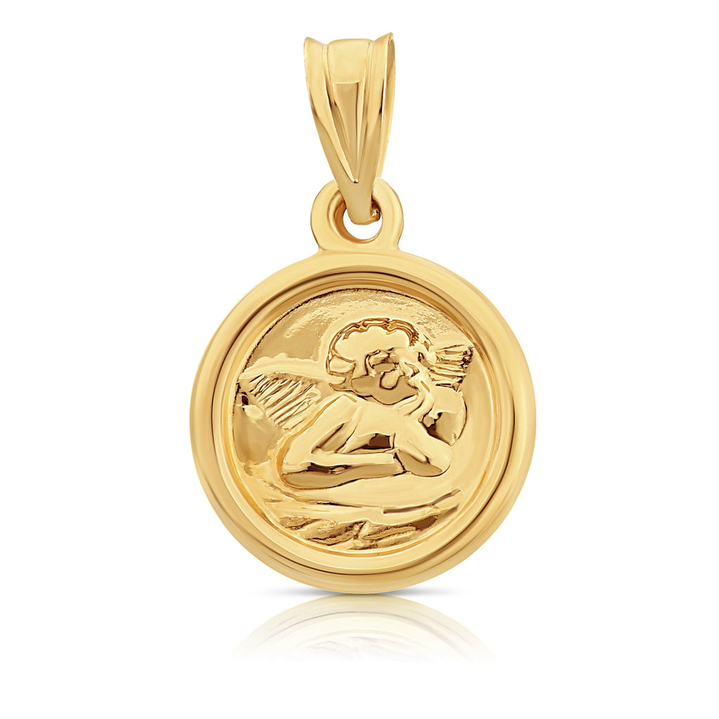 Art and Molly Real 14k Yellow Gold Baby Cupid Angel Round Pendant