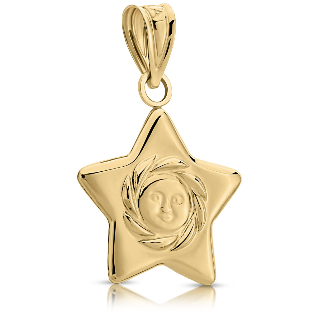 Real 14K Yellow Gold Star and Sun Celestial Pendant