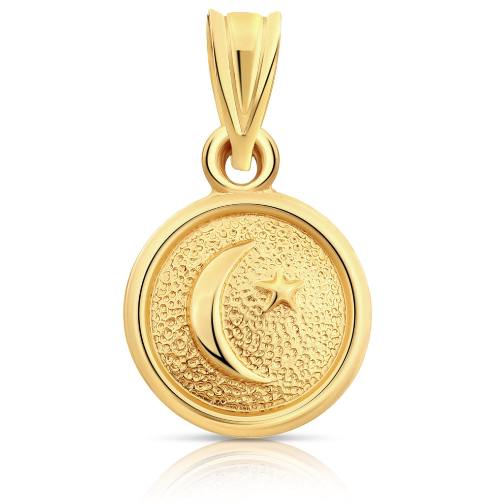 14K Yellow Gold Polished Star and Crescent Moon Small Circle Medal Pendant