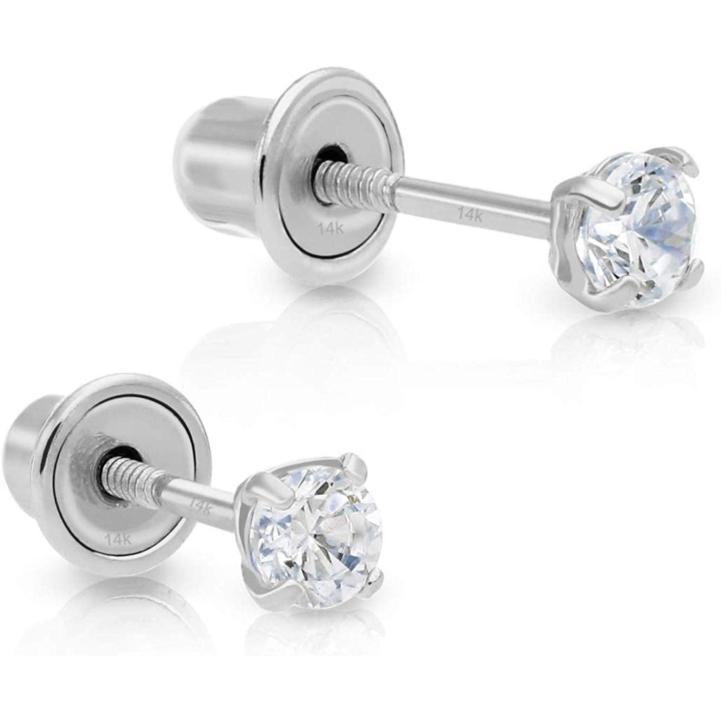 14k White Gold Made with SWAROVSKI Cubic Zirconia Solitaire Stud Earrings with Secure Screw-backs