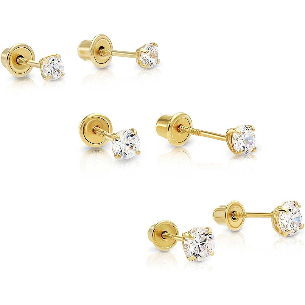 Jewelryland 10k Yellow Gold CZ Stud Earrings – Round Clear Cubic Zirconia, Basket Setting