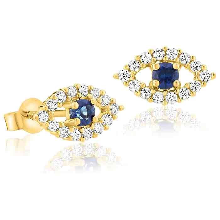 Solid 14k Yellow Gold Evil Eye Dainty Stud Earrings with Sparkling Cubic Zirconia for Women and Girls