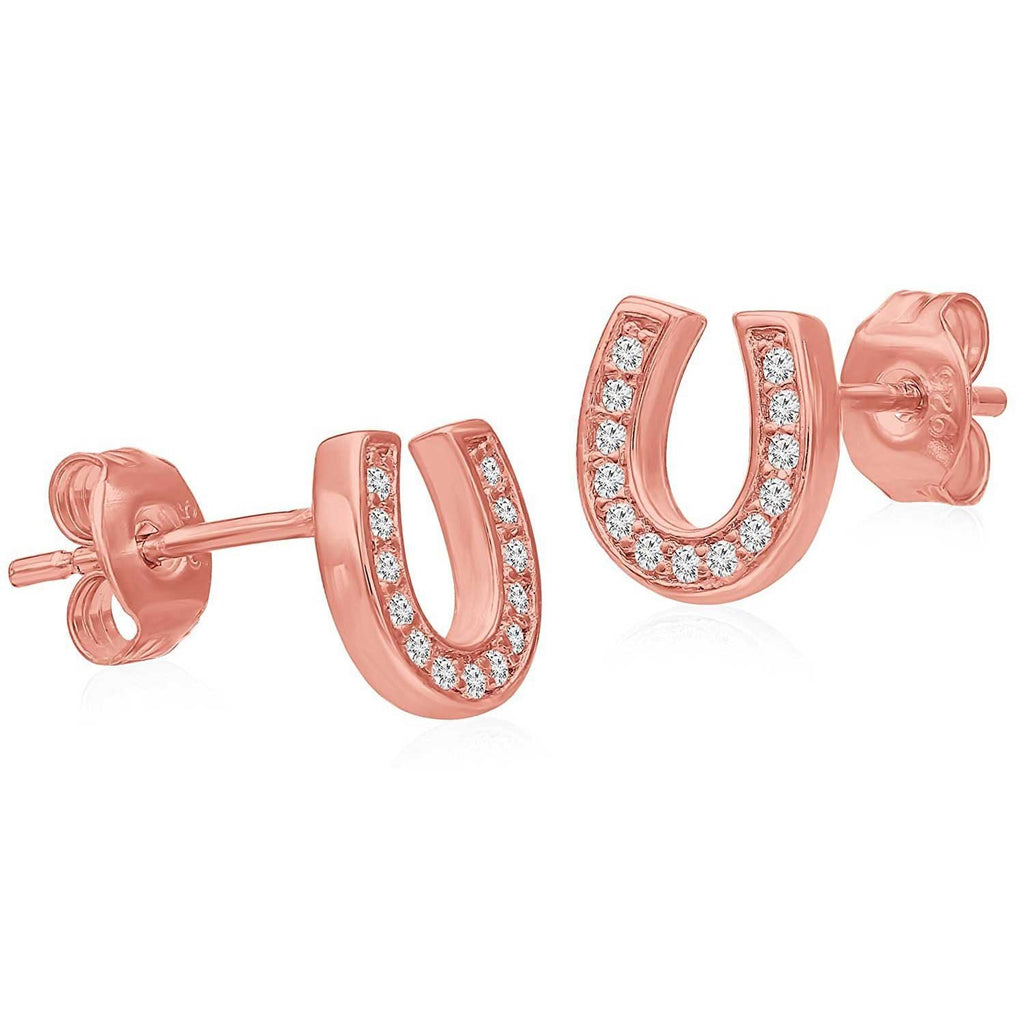 Sterling Silver Cubic Zirconia Lucky Horseshoe Small Stud Earrings in Rose-Tone