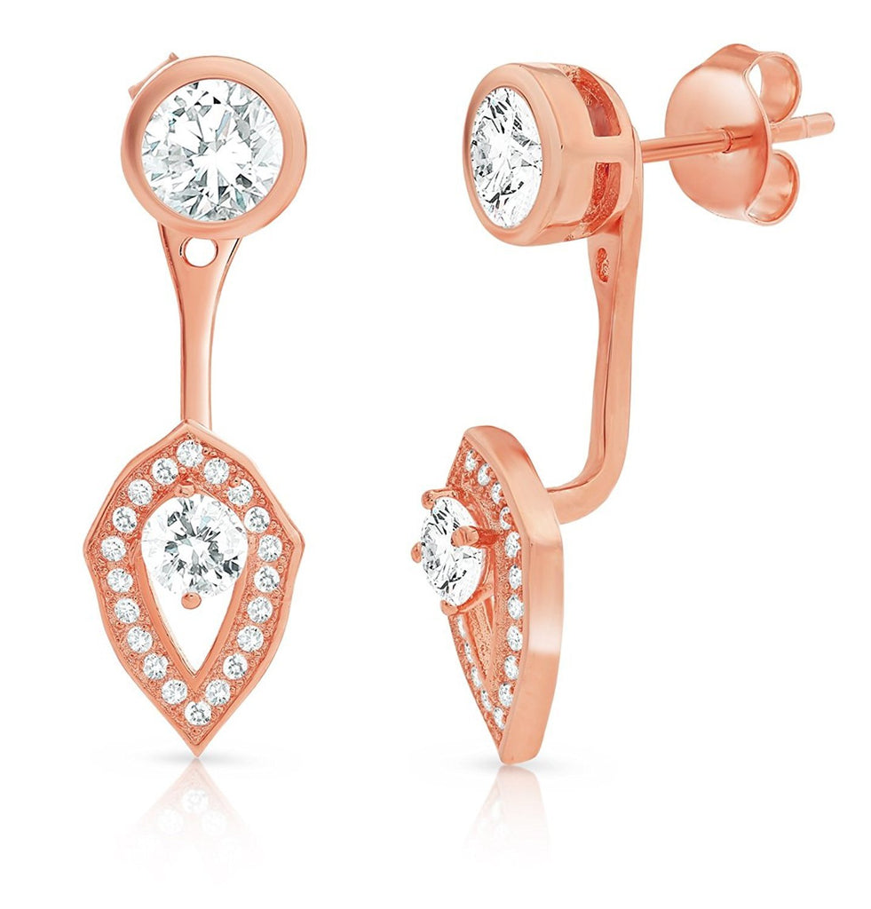 Sterling Silver Rose-Tone Cubic Zirconia Front and Back Ear Jacket and Stud Earrings