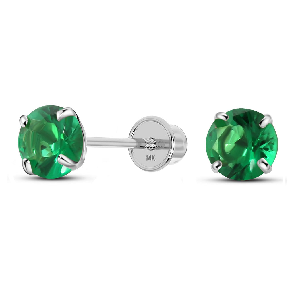 Solid 14K White Gold Round Solitaire Simulated-Emerald-Birthstone Minimalist Stud Earring with Comfort Screw Backing May