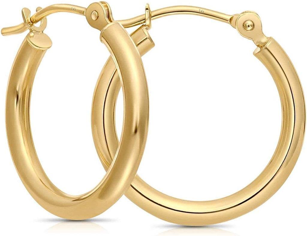 Real 14k Gold Polished Round Small Hoop Earrings (0.55" Diameter), Dainty Stackable Hoop Earrings.