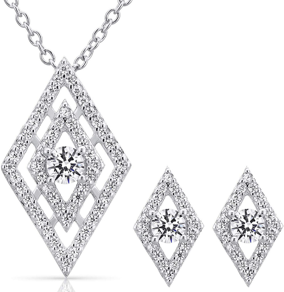 Sterling Silver Cubic Zirconia Geometric Earring and Necklace, 18"