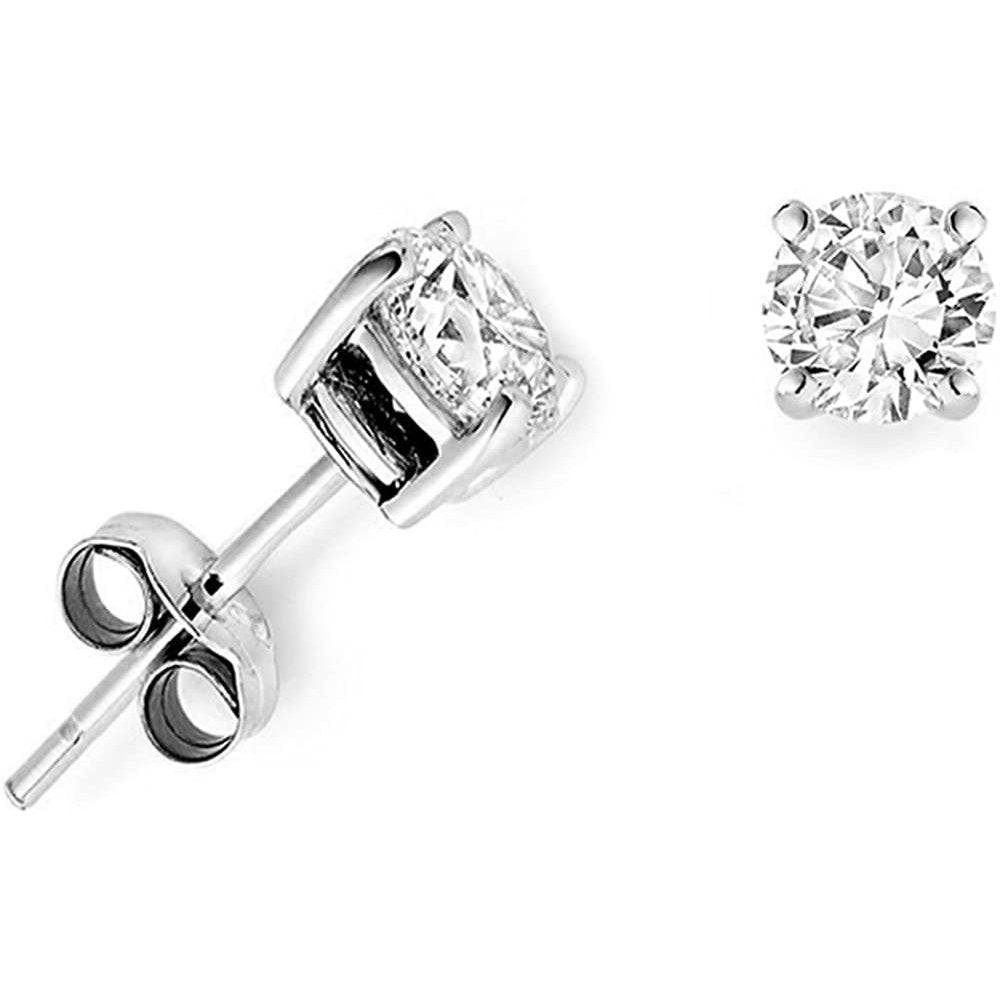Real Solid 925 Sterling Silver Cubic Zirconia CZ Solitaire Stud Earrings, Round Princess Cut