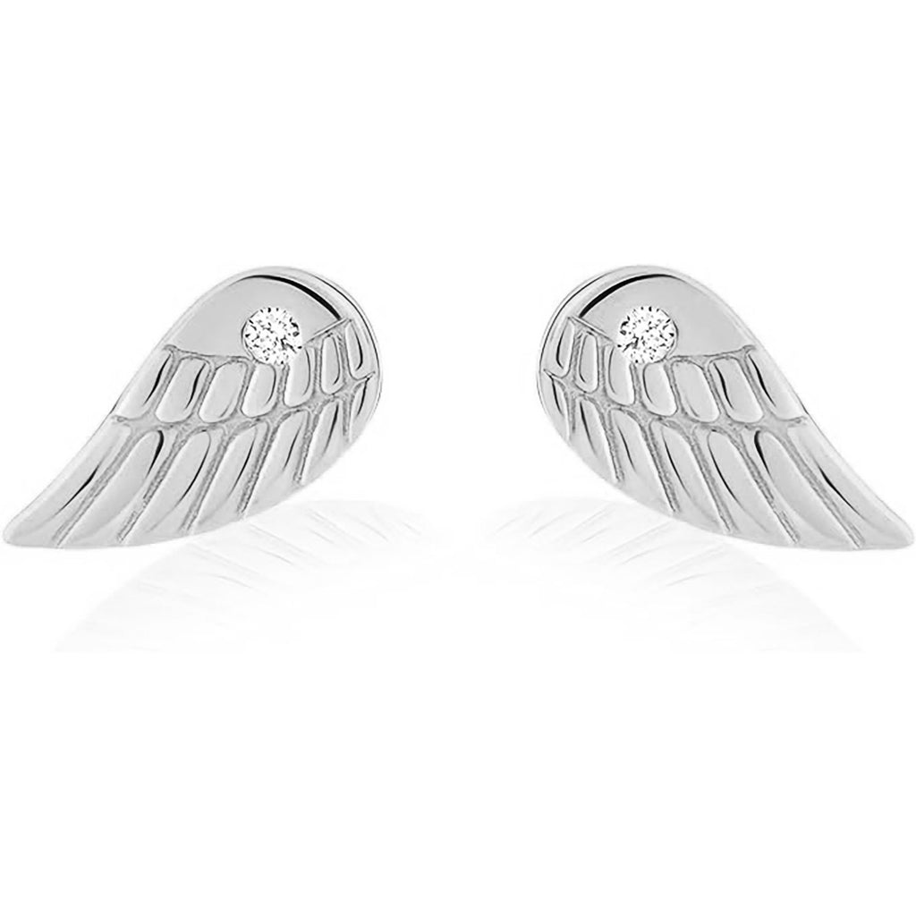 Solid 14k White Gold Angel Wing with Tiny Stone Cubic Zirconia CZ Stud Earrings