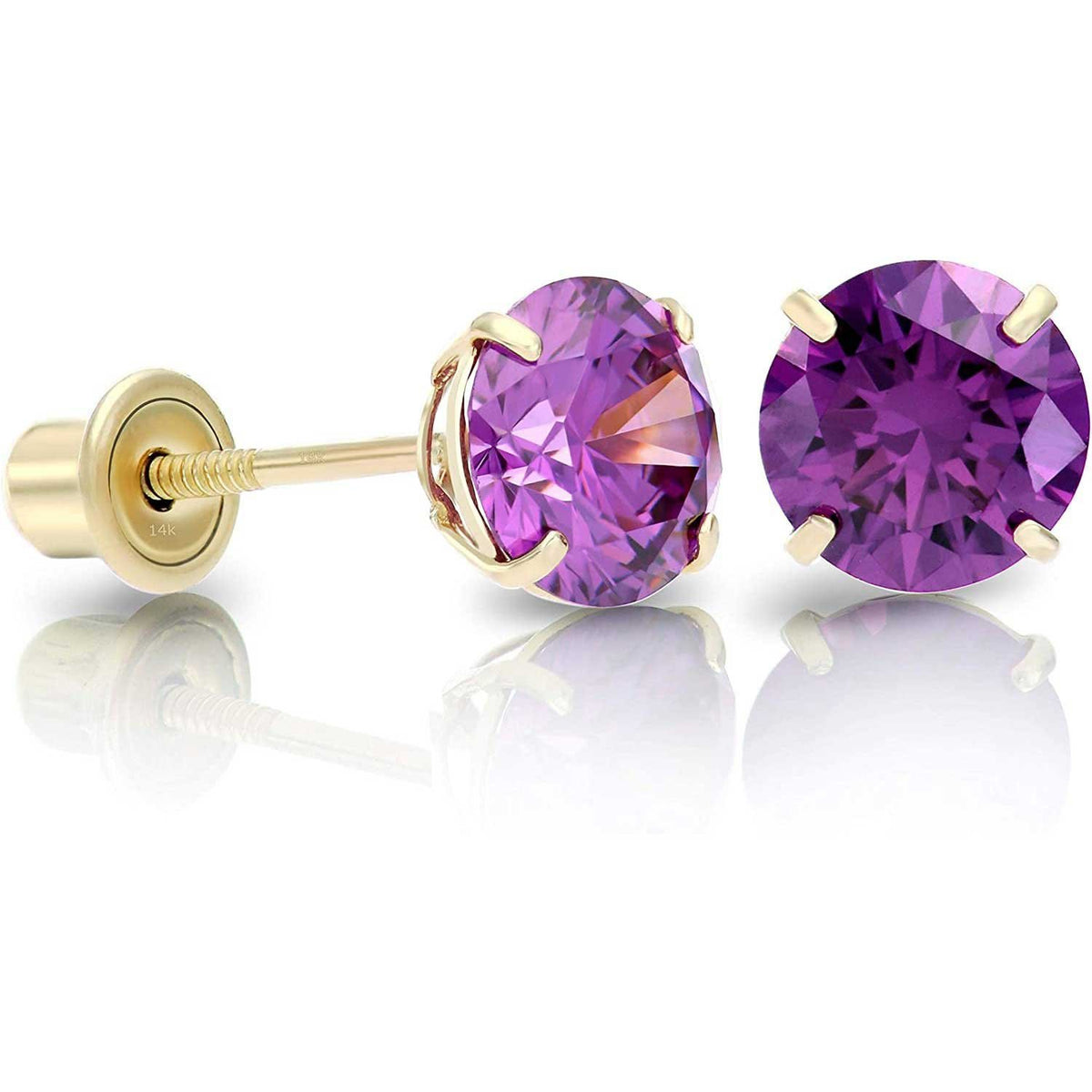 14k Yellow Gold 5mm Amethyst Round-Cut Solitaire Stud Earrings with Secure Comfortable Screw Backings