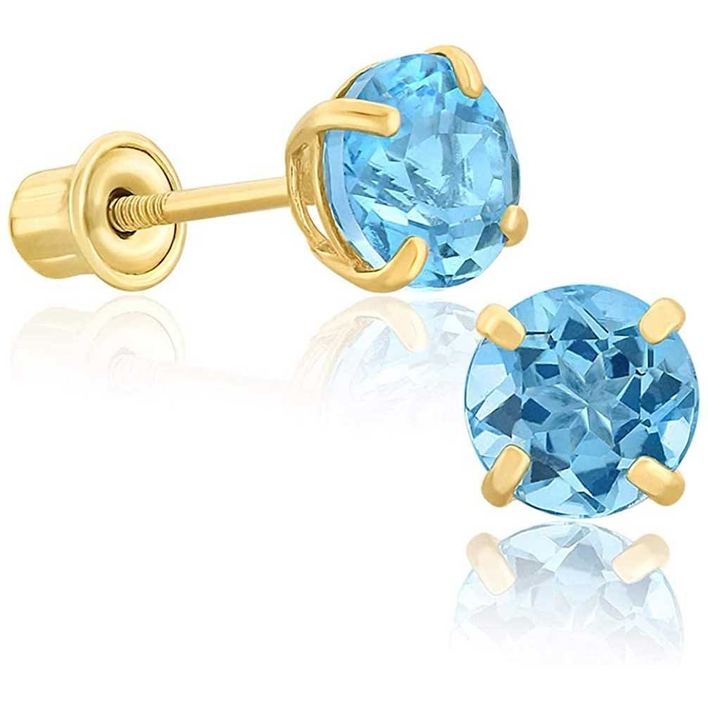 14K Yellow Gold Blue-Topaz Gemstone Birthstone Solitaire Stud Earrings With Secure Screw Backs, (1.20 cttw, 5MM)