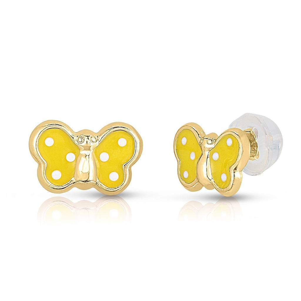 14k Yellow Gold Yellow Enamel Butterfly Stud Earrings with Secure and Comfortable Silicone Backs