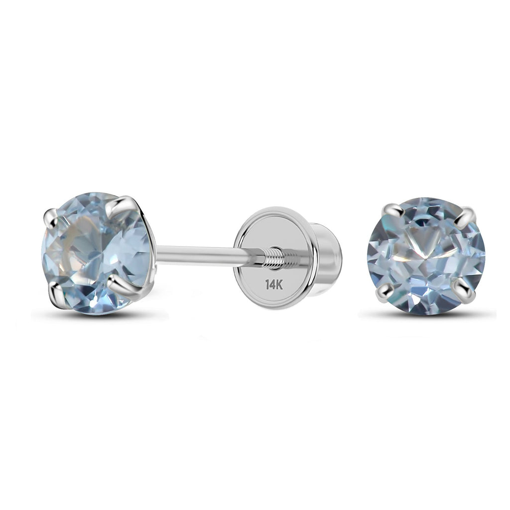 Solid 14K White Gold Round Solitaire Simulated-Aquamarine-Birthstone Minimalist Stud Earring with Comfort Screw Backing March