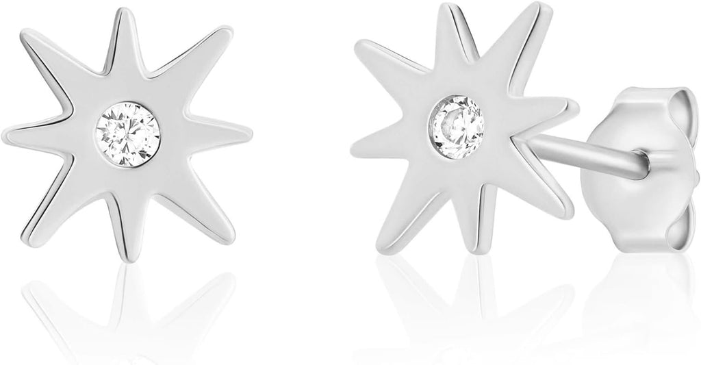 Real 14K White Gold North Star Studs with Cubic Zirconia Starburst Earrings