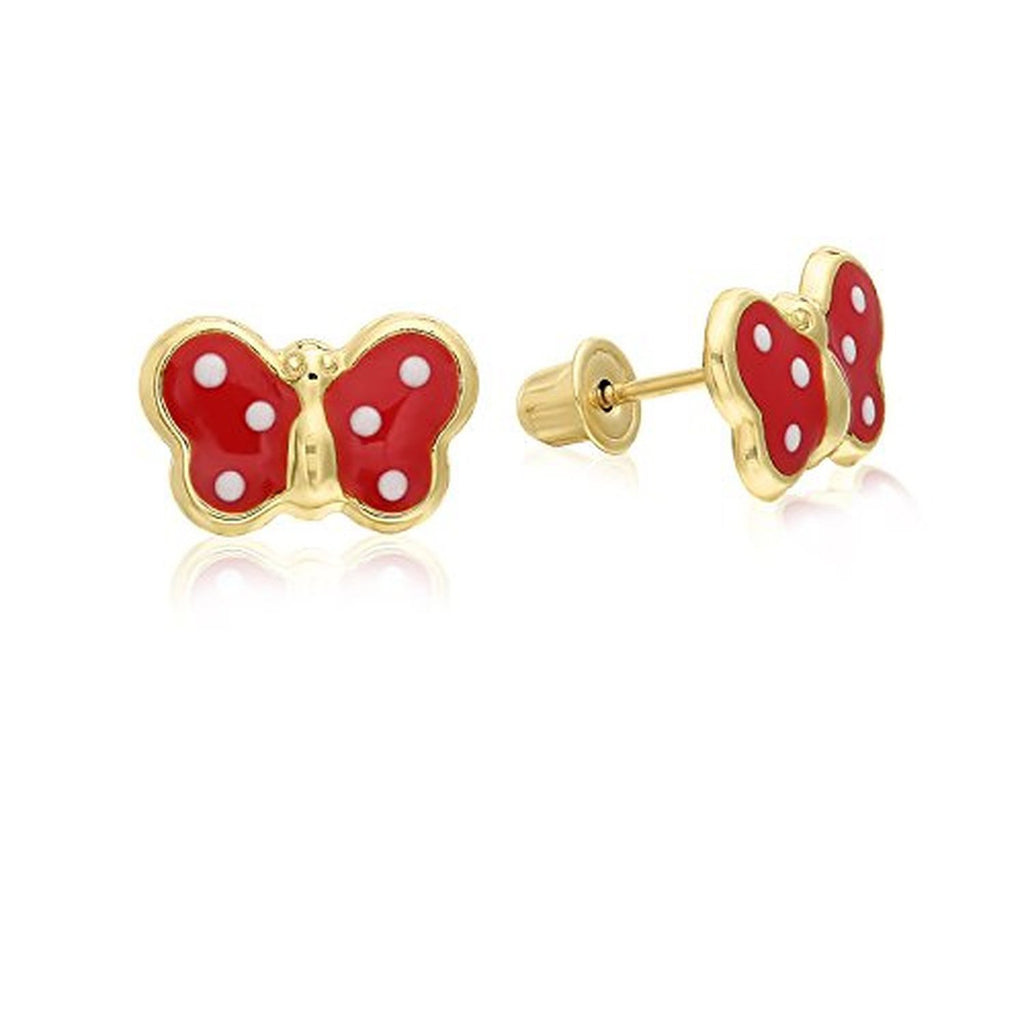 14k Yellow Gold Tiny Butterfly Stud Earring with Red Enamel in Secure Safety Screw-backs