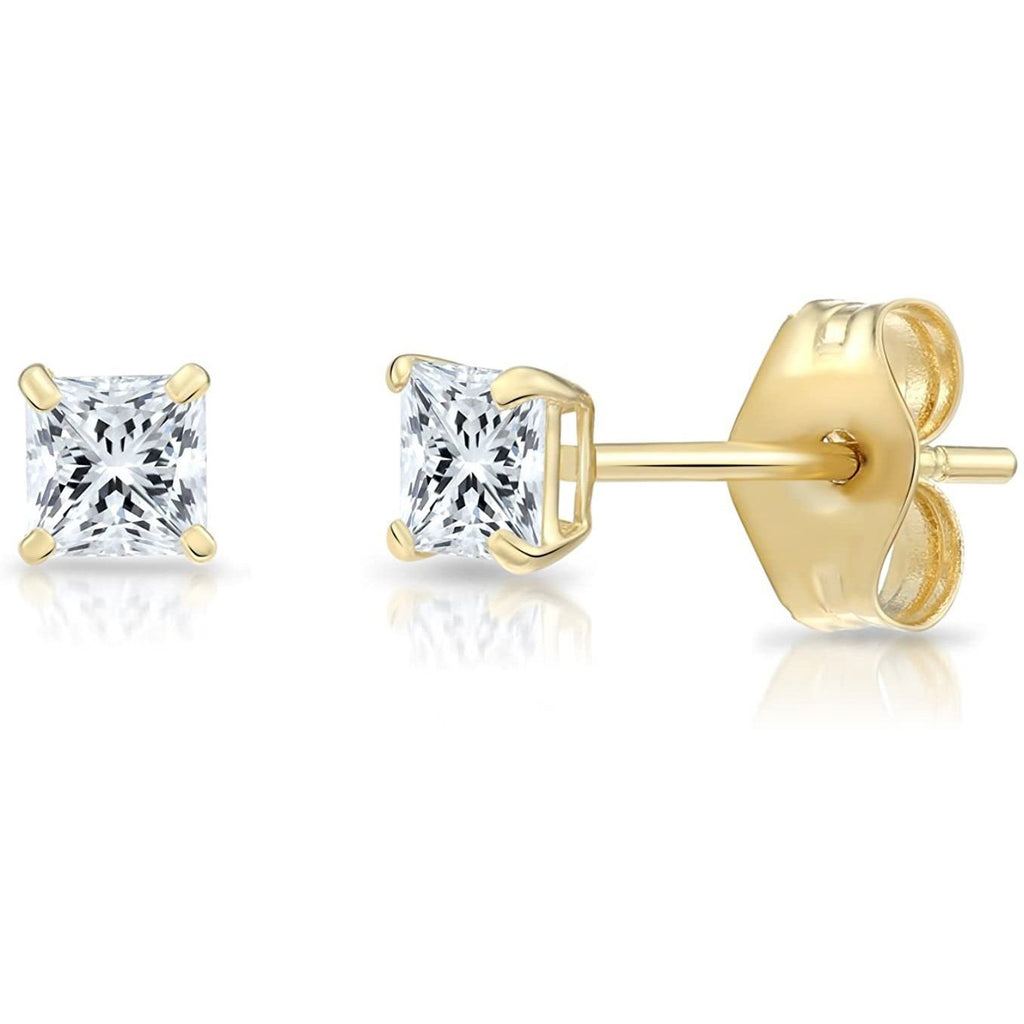 14k Yellow Gold Cubic Zirconia Princess Cut Stud Earrings with Friction Backs