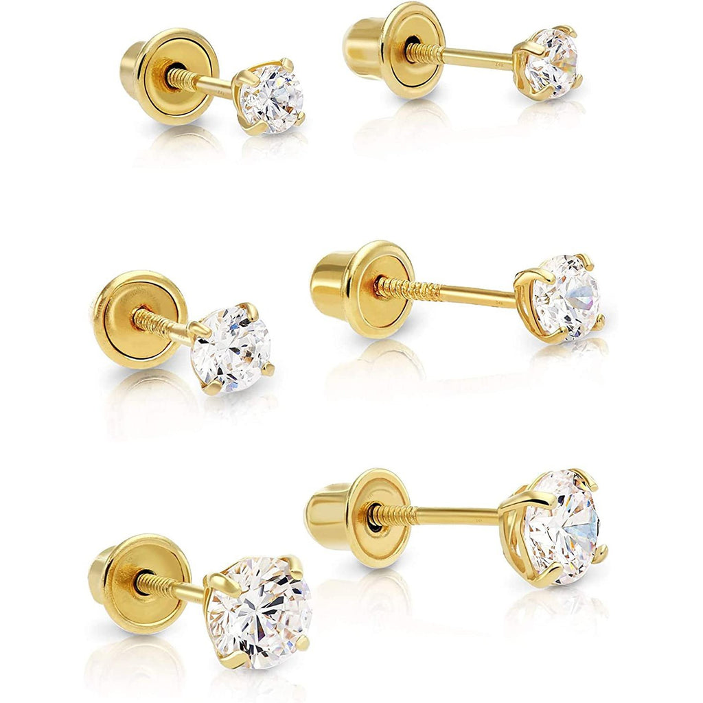 14k Gold Solitaire Round Cubic Zirconia Small Stacking Studs 3 Pair Earring Set (2.5mm 3mm, 4mm)