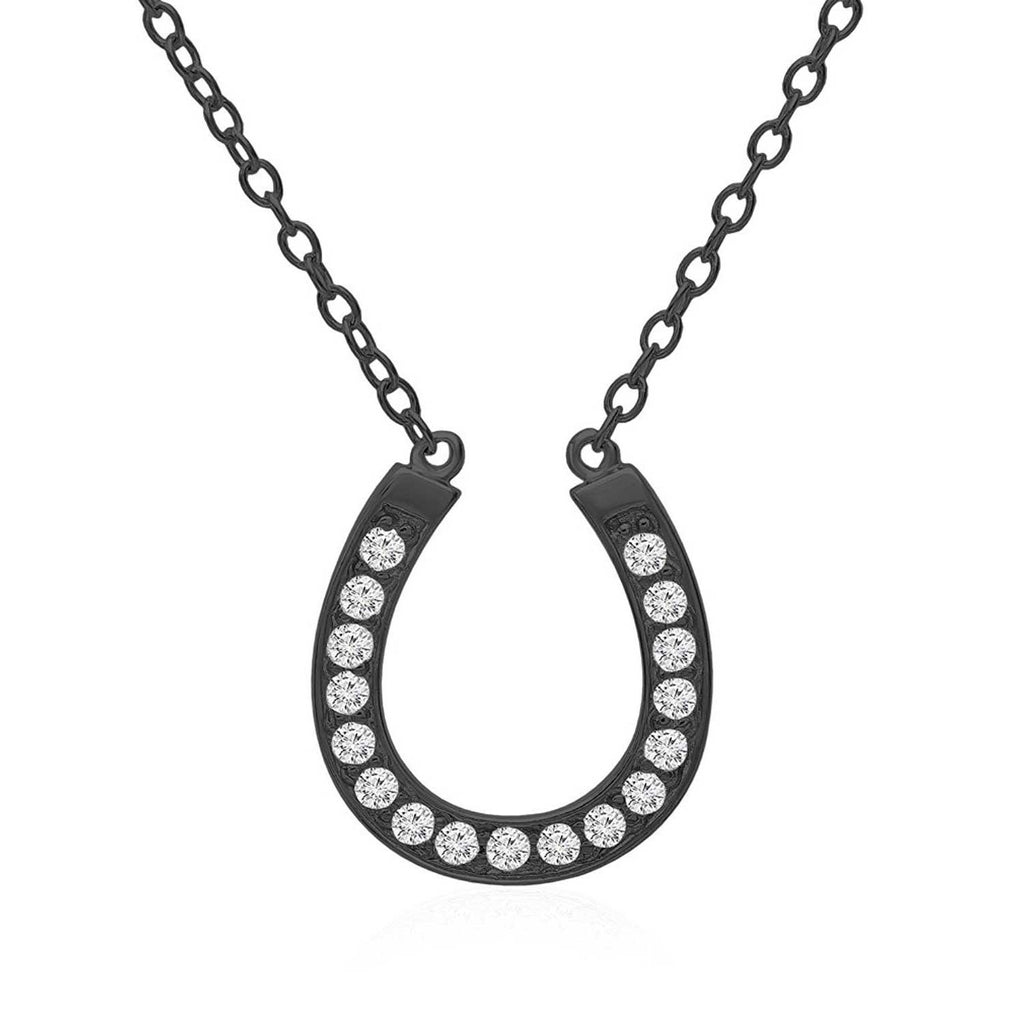Sterling Silver Lucky Horseshoe Black Pendant Necklace with Cubic Zirconia, 18" Cable Chain