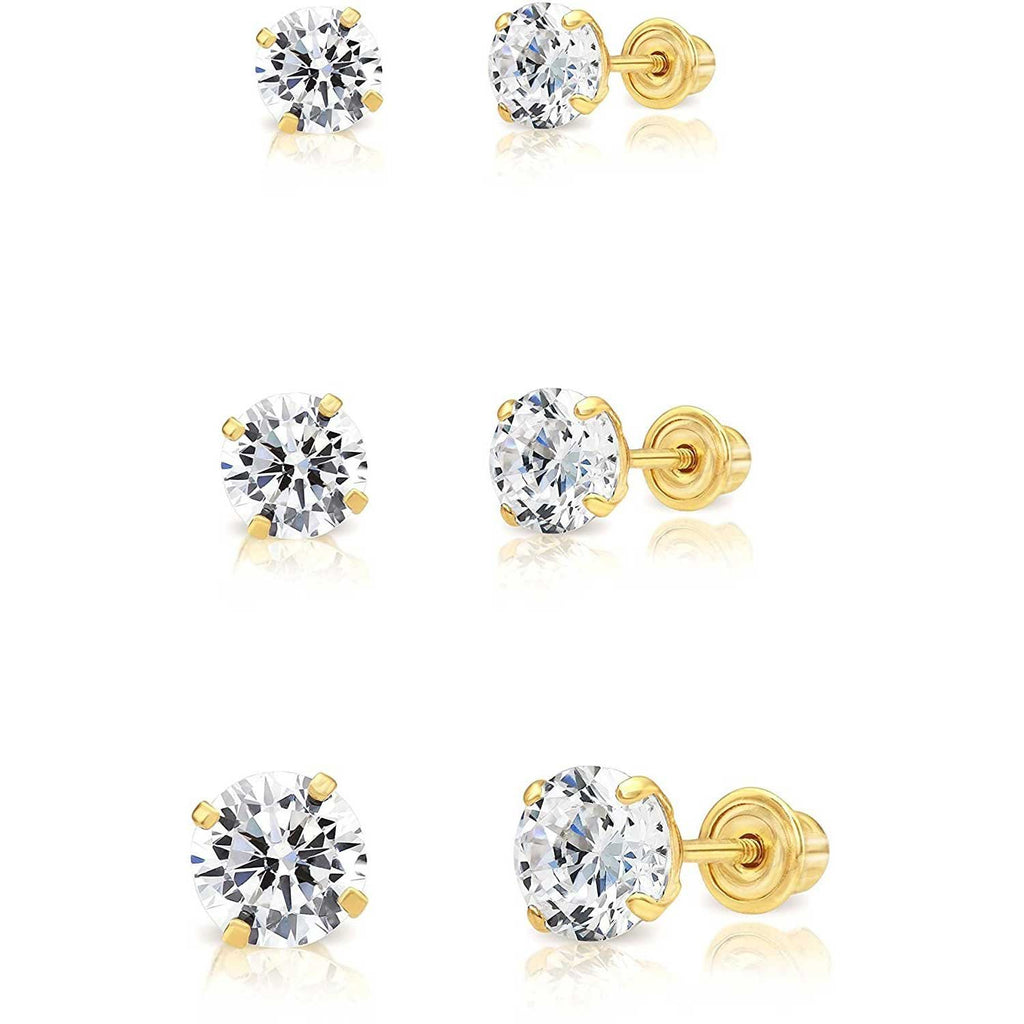 14k Yellow Gold Solitaire Round Cubic Zirconia Stud 3 Pair Earring Set (3mm, 4mm, 5mm)