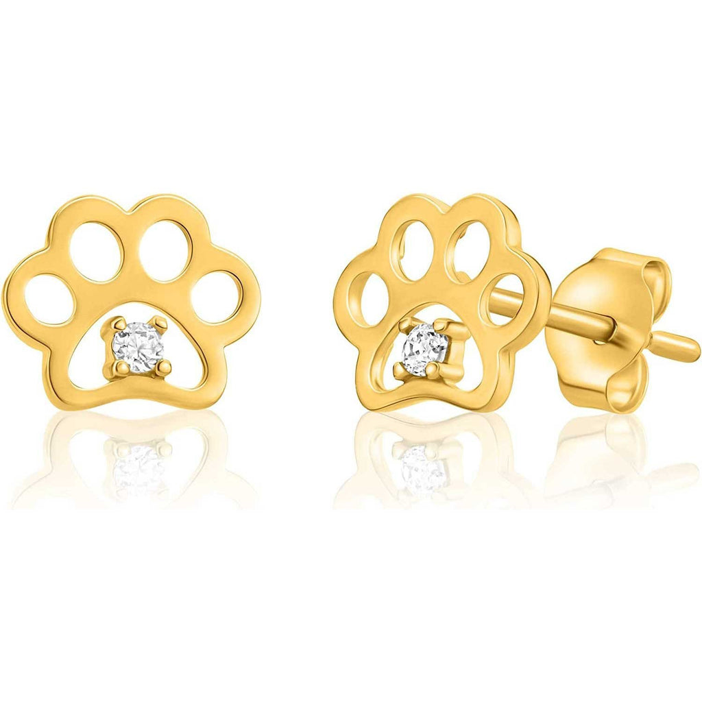 14K Yellow Gold Paw Stud Earring Animal Dog or Cat, Real Gold Studs