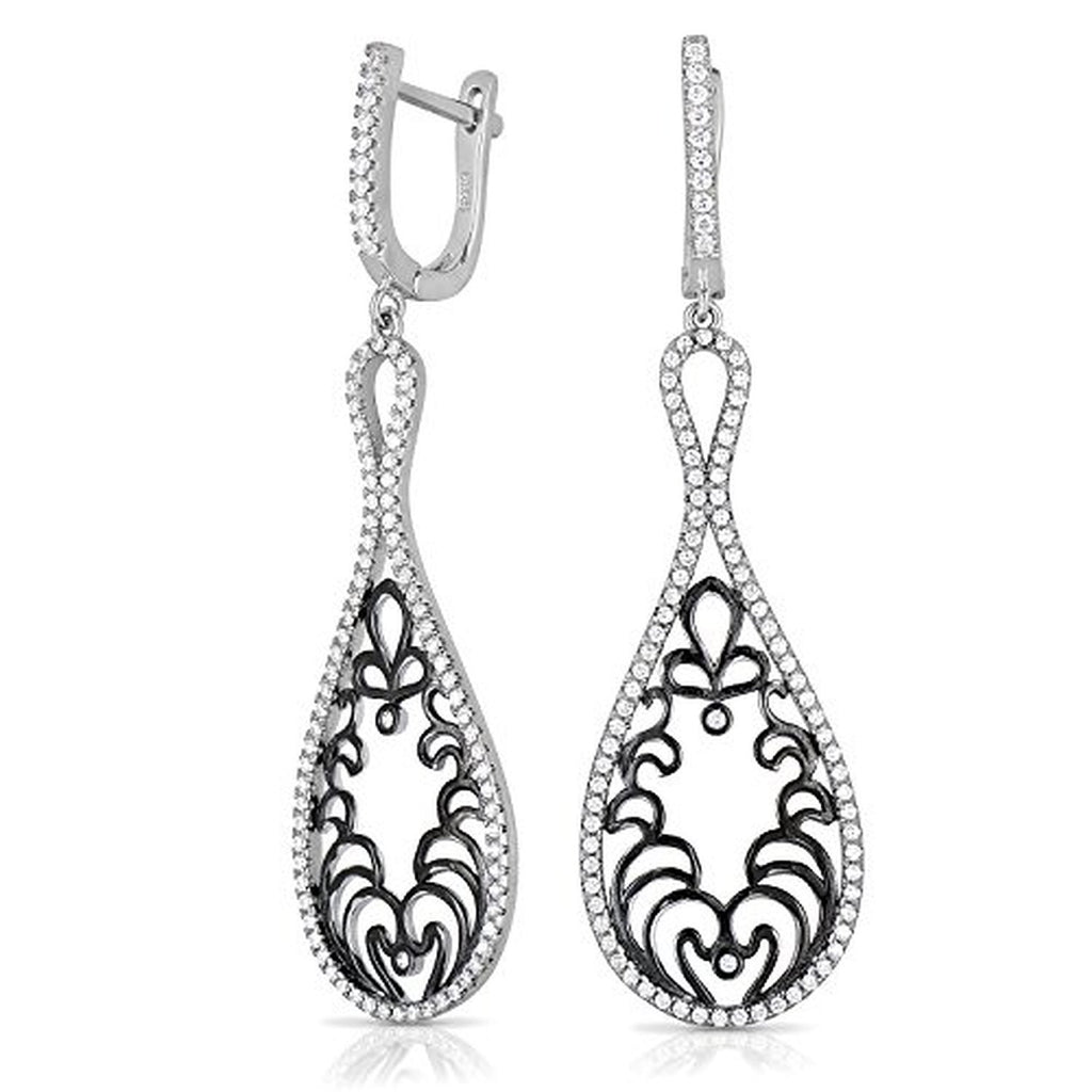 Two-Tone Black Floral Sterling Silver Chandelier Earrings with Cubic Zirconia