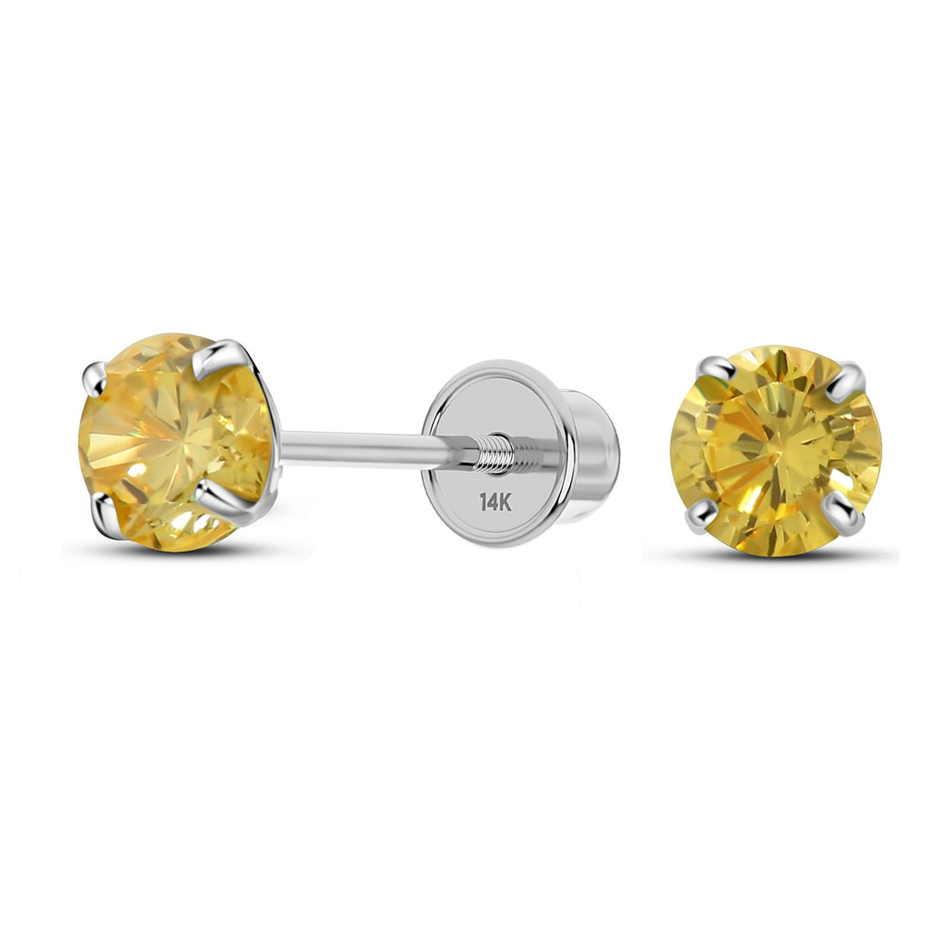 Solid 14K White Gold Round Solitaire Simulated-Citrine-Birthstone Minimalist Stud Earring with Comfort Screw Backing November