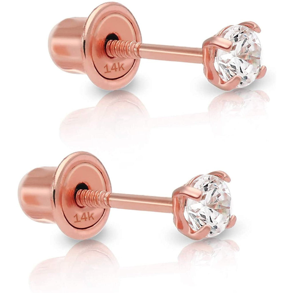 Solid 14k Rose Gold Solitaire Round Cubic Zirconia CZ Classic Minimalist Dainty Stud Earrings with 14k Screw Backs for Women and Girls