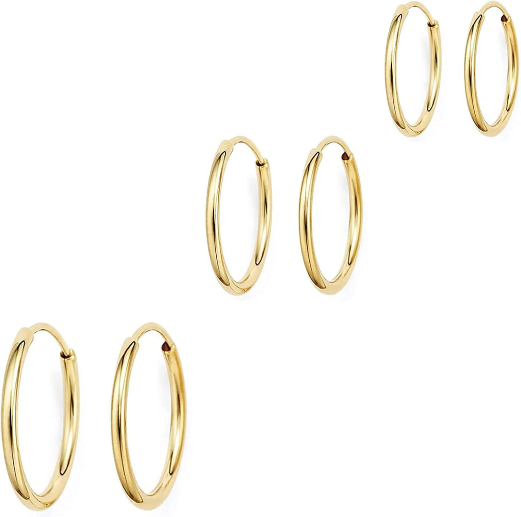 3 pair set of 14k Yellow Gold Round Endless Hoop Earrings, 10mm, 12mm, 14mm