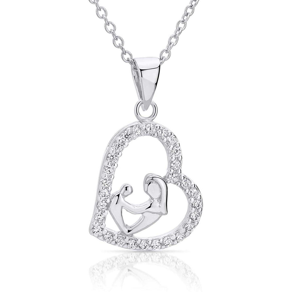 Solid 925 Sterling Silver CZ Mother and Child Love Heart Necklace Jewelry Gifts for Grandmother Mom Daughter Wife
